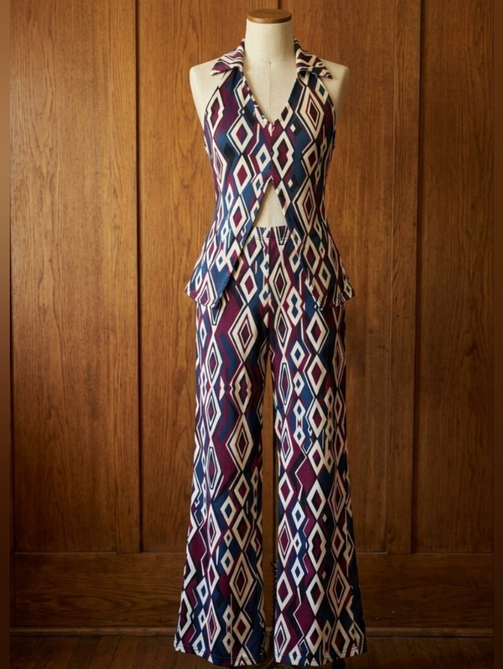 VTG 70s Style Geometric Print Halter Pant Set Wide Leg Two Piece Festival Co-ord
